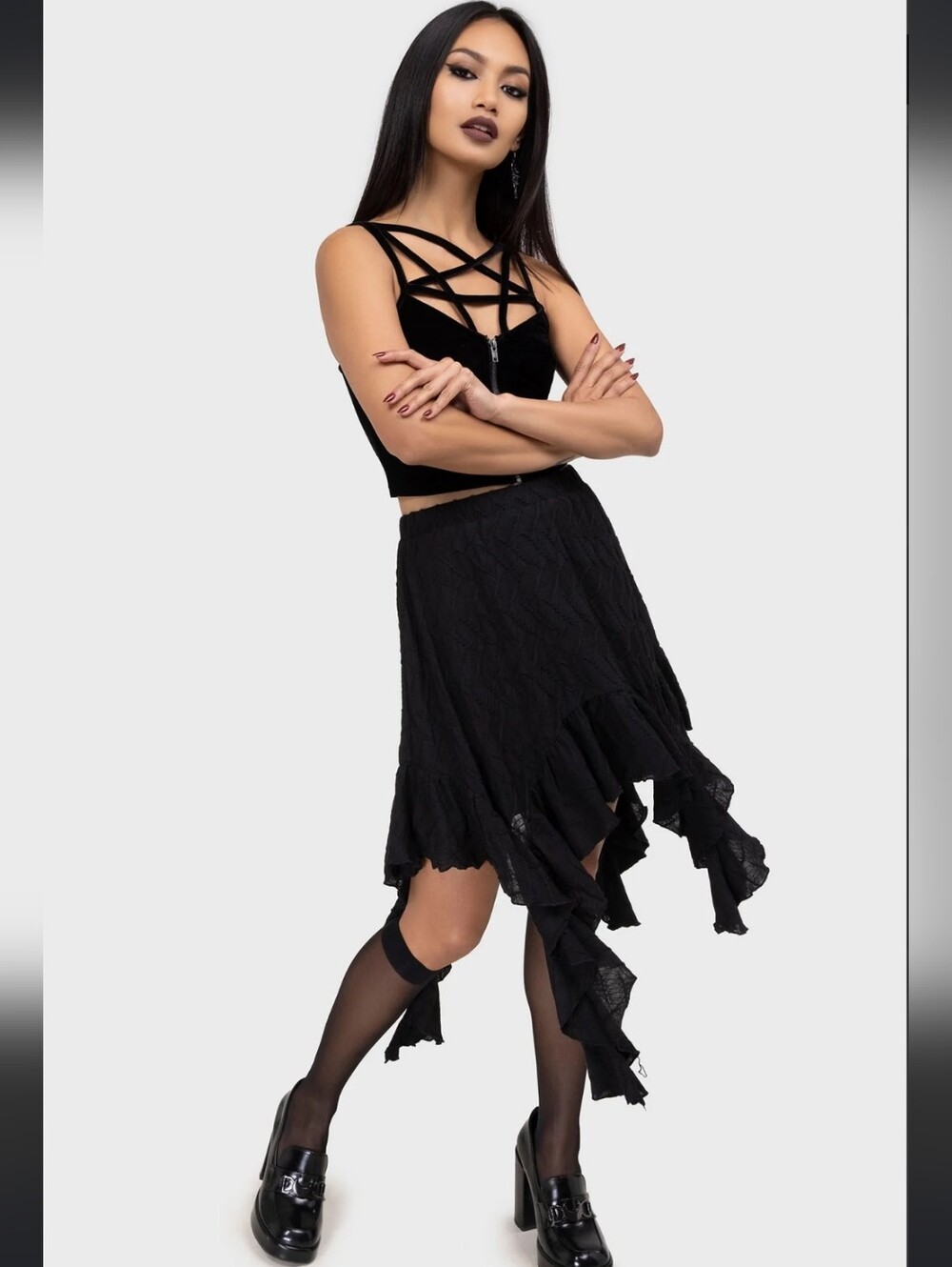 Killstar Black Asymmetrical Ruffle Gothic Midi Skirt